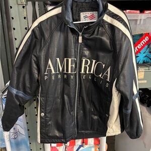 Perry Ellis Black and Cream 'America' Leather Varsity Jacket